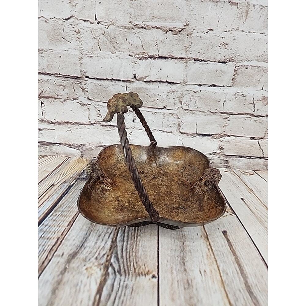 Vintage Brass Basket Candy Dish w/ Handle Trinket Dish Patina Heavy
